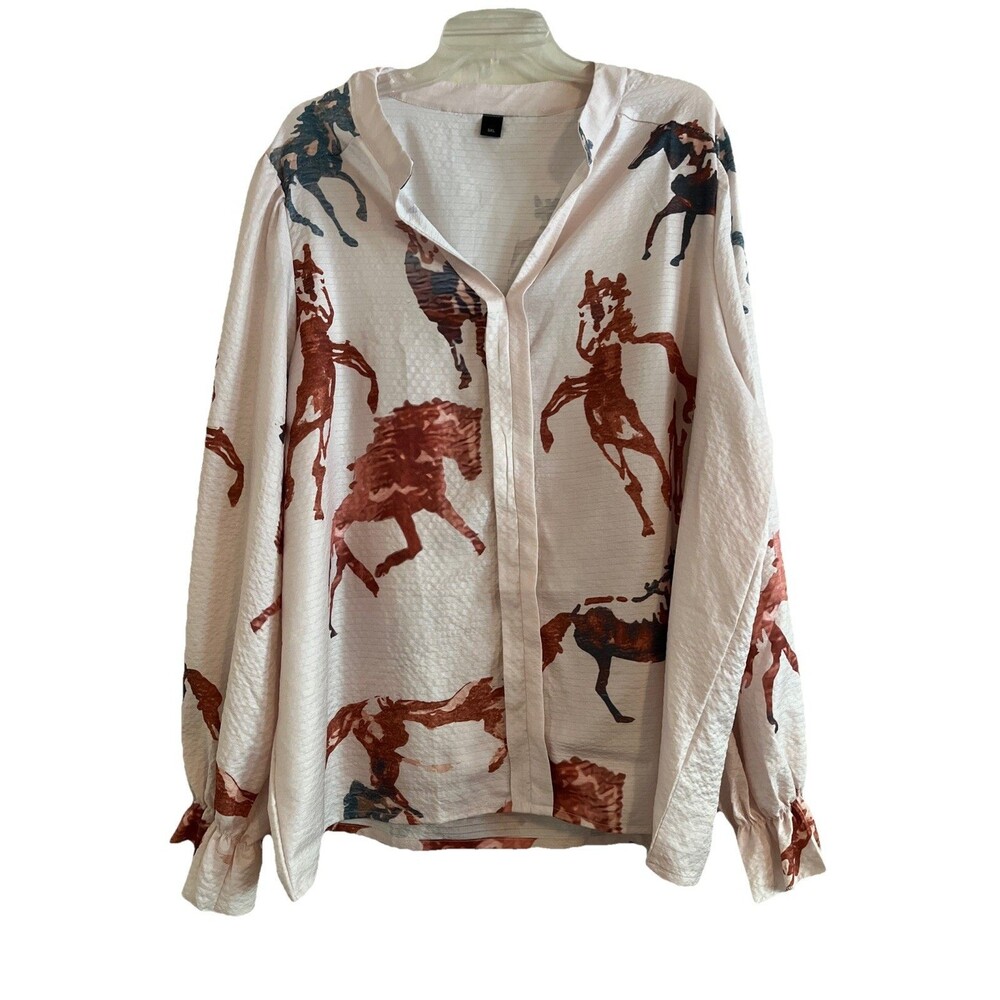 Women’s 5XL Blouse Beige Brown Wild Horse Print Long Sleeve Pullover Lightweight